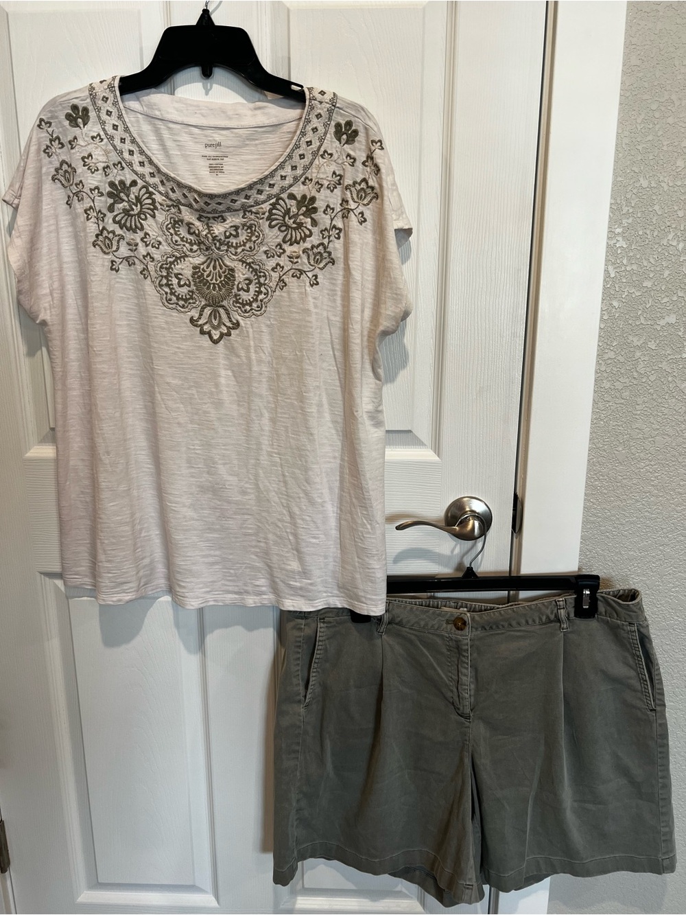 J. Jill Cream Short-Sleeve Tee with Olive Embroidery and matching shorts